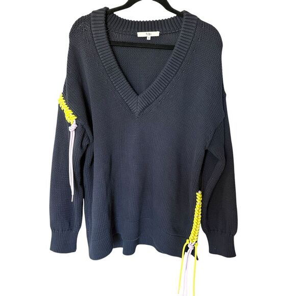 Tibi Navy Blue Heavy Knit Deep V-Neck Oversized Lace Up Accents M Contemporary - Picture 3 of 13
